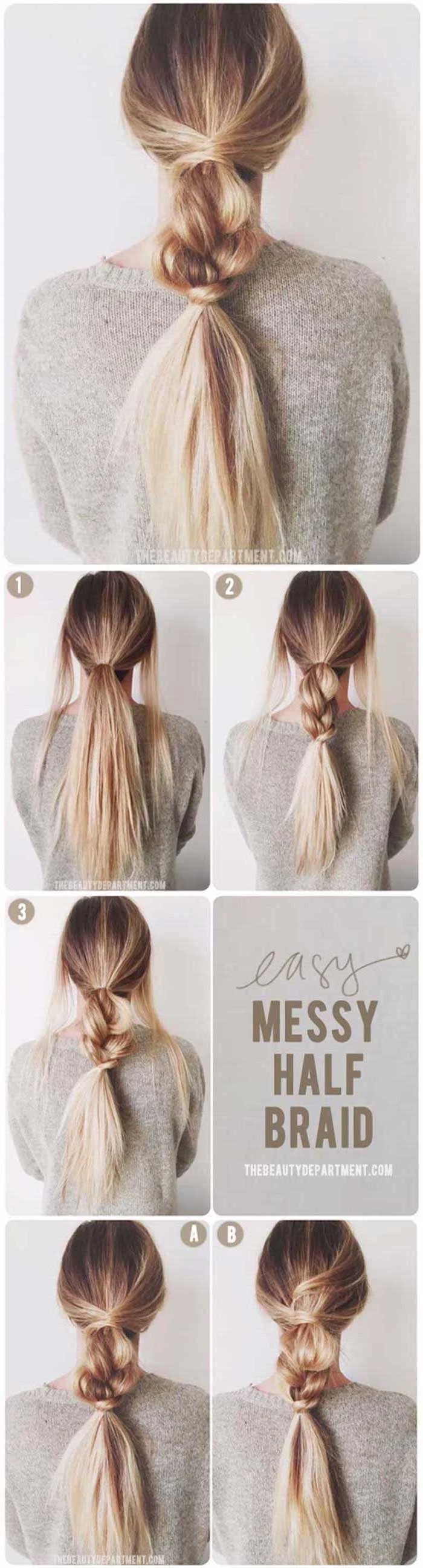messy half braid photo collage of step by step diy tutorial cool hairstyles for girls done on brunette woman with blonde balayage