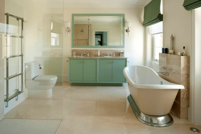 mint green cabinet with two sinks large mirror above them bathroom picture ideas white bathtub tiled floor in beige