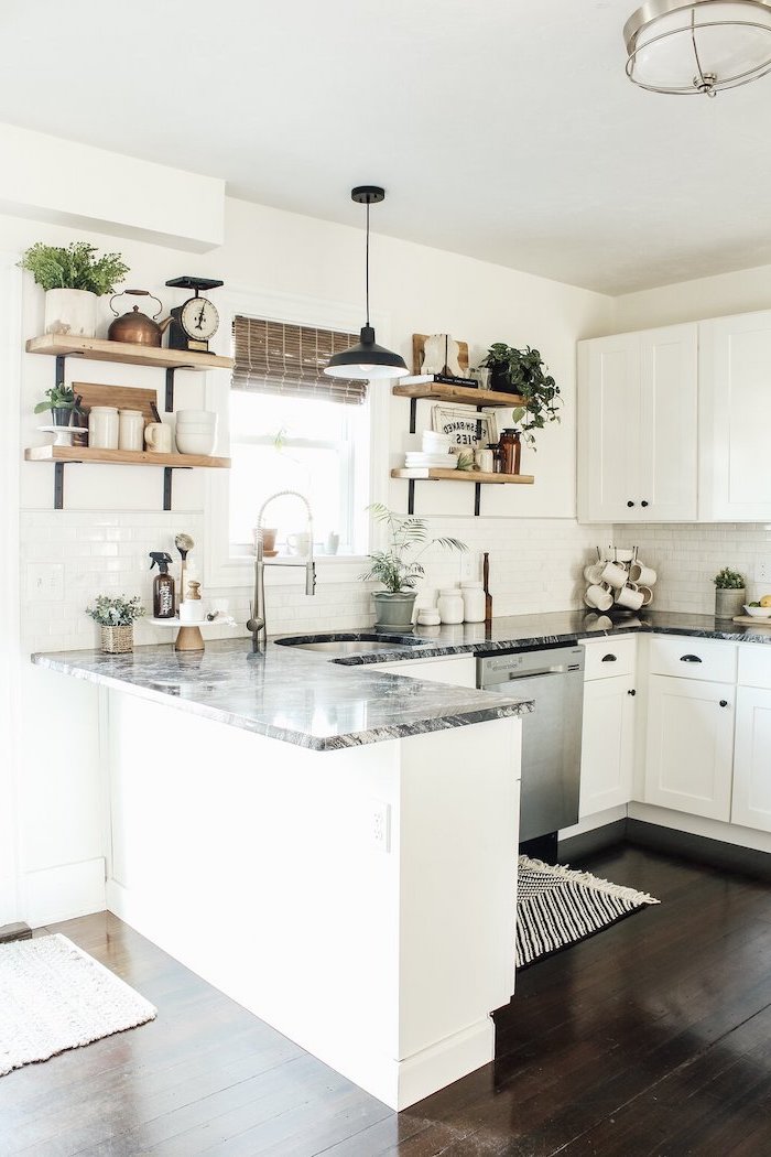 modern farmhouse decor ideas white cabinets and stone countertops dark wooden floor open shelving subway tiles backsplash