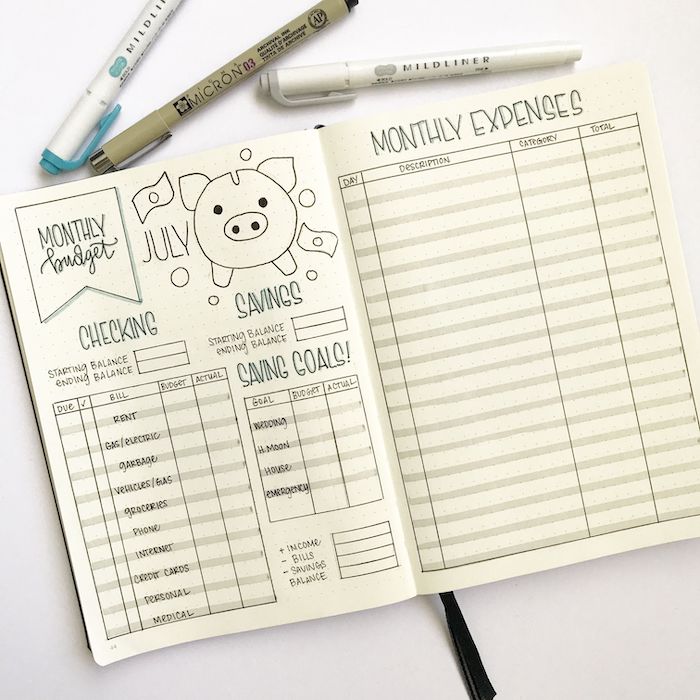 monthly budget expanses spread bullet journal page ideas checking savings saving goals written on white notebook