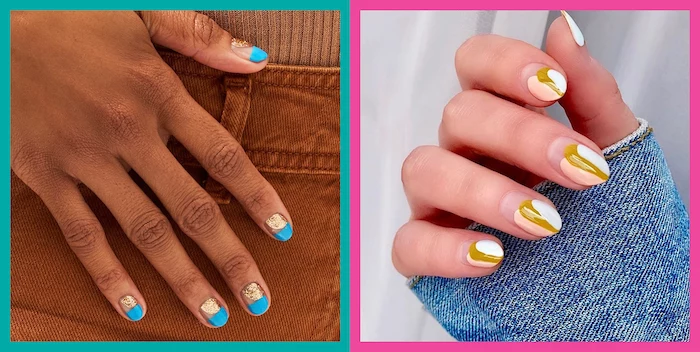 nail designs for short nails side by side photos short squoval nails with blue and gold glitter nail polish almond nails with nude yellow and white nail polish