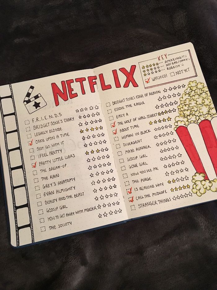 netflix tv shows films to watch list with ratings bullet journal monthly spread popcorn drawn on the side