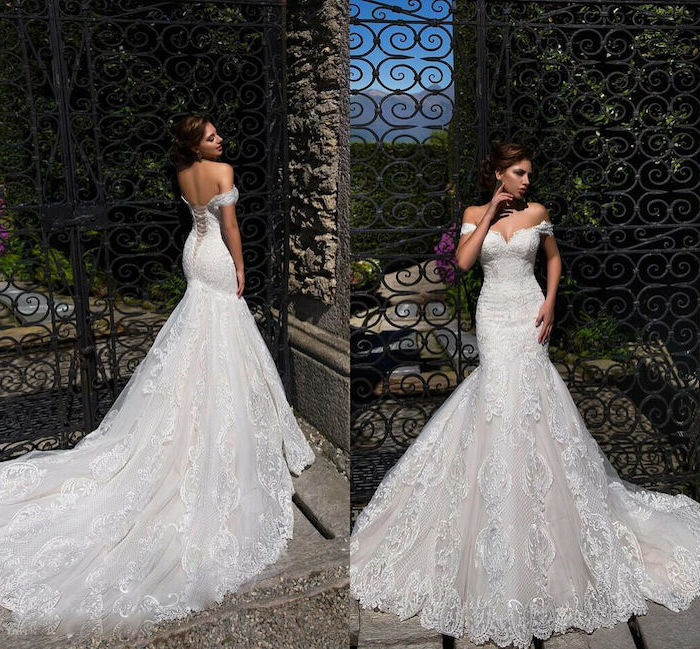off the shoulder wedding dress side by side photos of brunette woman wearing a mermaid dress with lace and tulle