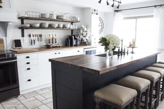 open shelving above white cabinets with wooden countertop modern farmhouse decor ideas black kitchen island wooden bar stools