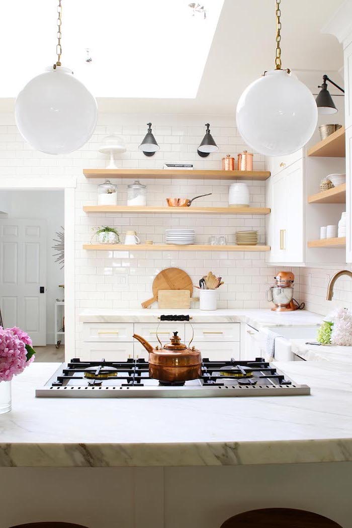 open shelving on white subway tiles farmhouse kitchen backsplash white cabinets with marble countertop