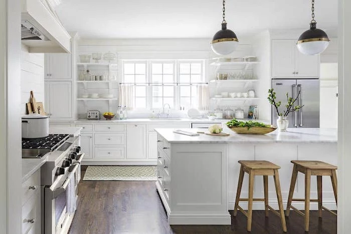 open shelving white kitchen island and cabinets with marble countertops rustic farmhouse kitchen white wooden walls
