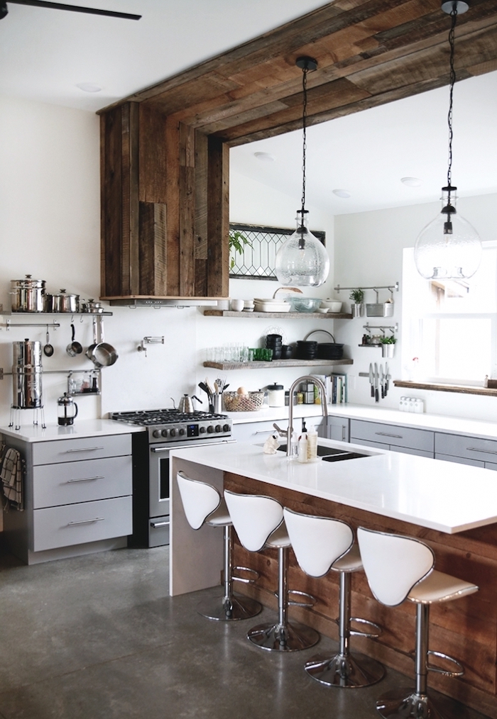 open shelving wooden accent on the wall and ceiling modern farmhouse kitchen decor wooden kitchen island with white countertop