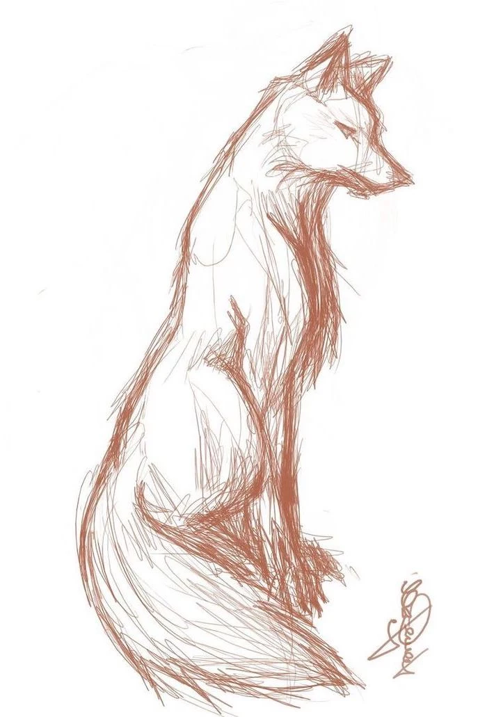 pencil sketch of fox with long tail cute animal drawings easy sketched with red pencil on white background