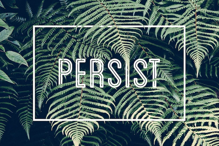 persist written with large white letters high resolution desktop wallpaper green leaves in the background dark green aesthetic
