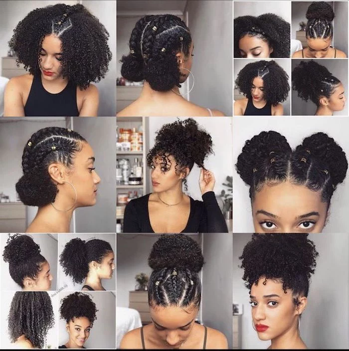 photo collage of different photos of woman with black curly hair with different hairstyles cute easy hairstyles for school