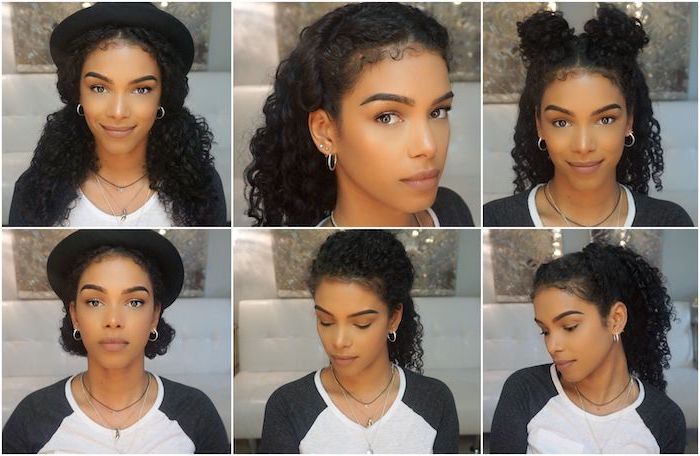 photo collage of girl with black curly hair in different hairstyles wearing white blouse with black sleeves easy hairstyles for short hair