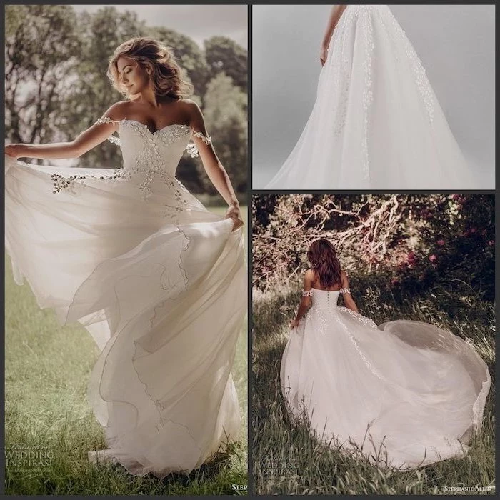 photo collage of three photos of dress made with beads and tulle off the shoulder long sleeve wedding dress worn by blonde woman
