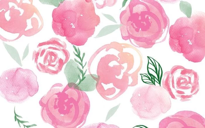 pink roses with green leaves drawn in watercolor cute wallpapers for laptop white background