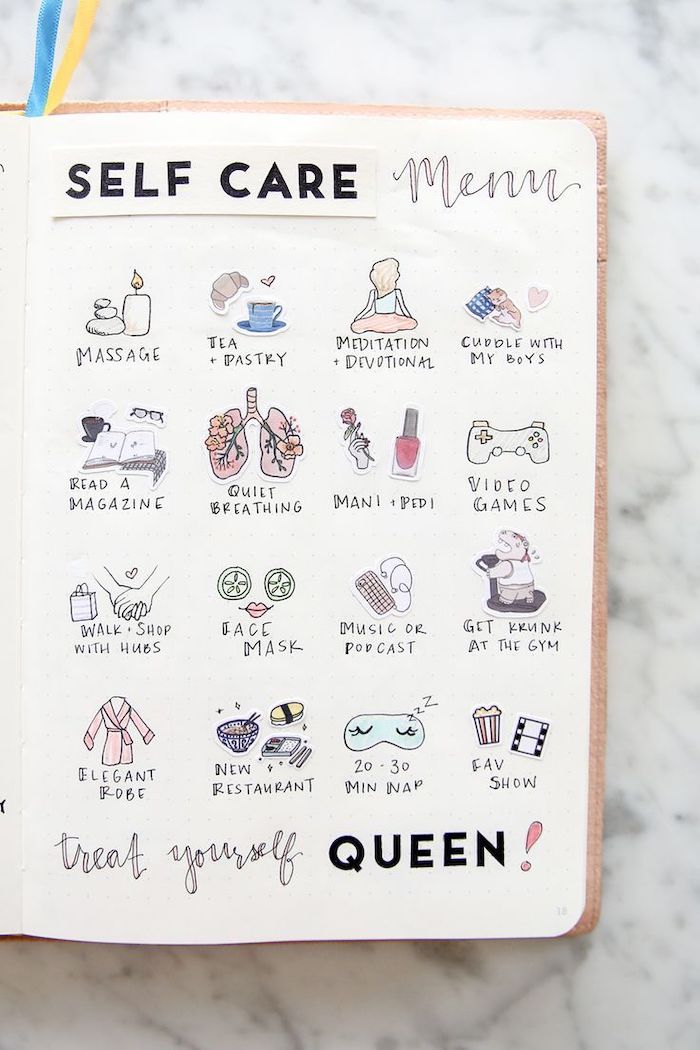 self care menu with drawings on white notebook bullet journal themes treat yourself queen written underneath