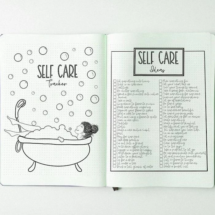 self care tracker page and ideas how to bullet journal drawing of woman in bathtub with bubbles around her drawn on white notebook
