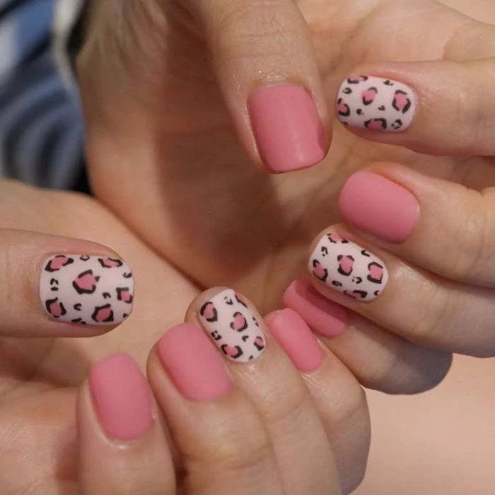 short nail designs pink matte nail polish leopard print on different nails short squoval nails