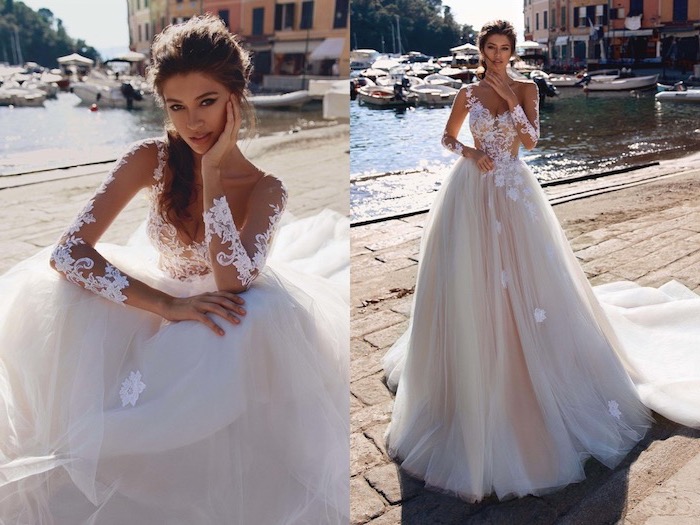 side by side photos of brunette woman with low ponytail off the shoulder long sleeve wedding dress wearing dress made of tulle and lace with long sleeves
