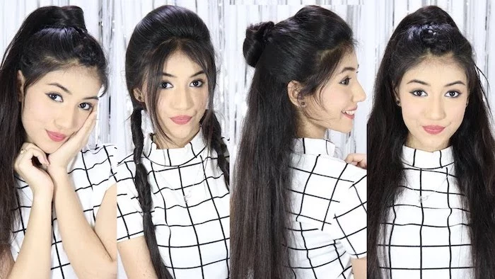 side by side photos of girl with long straight black hair back to school hairstyles wearing it in different hairstyles