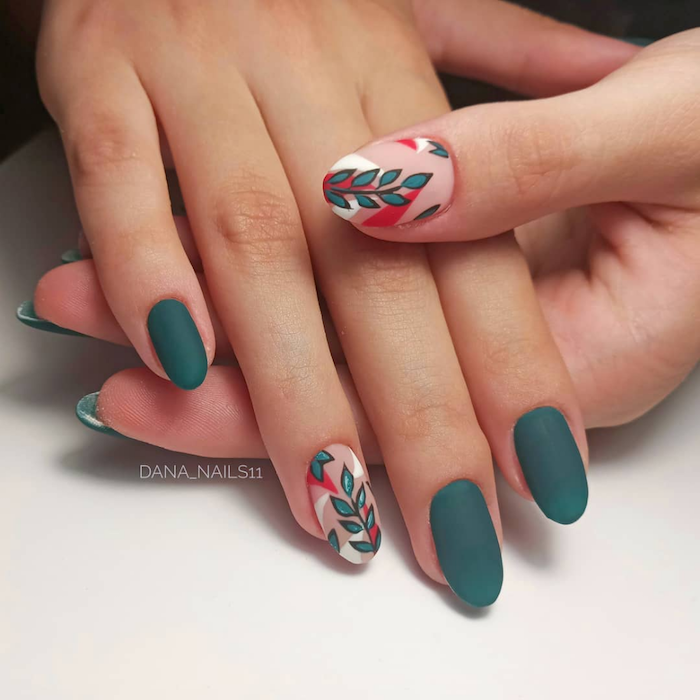 simple nail designs green matte nail polish simple nail designs decorations with leaves in green red white black on different fingers