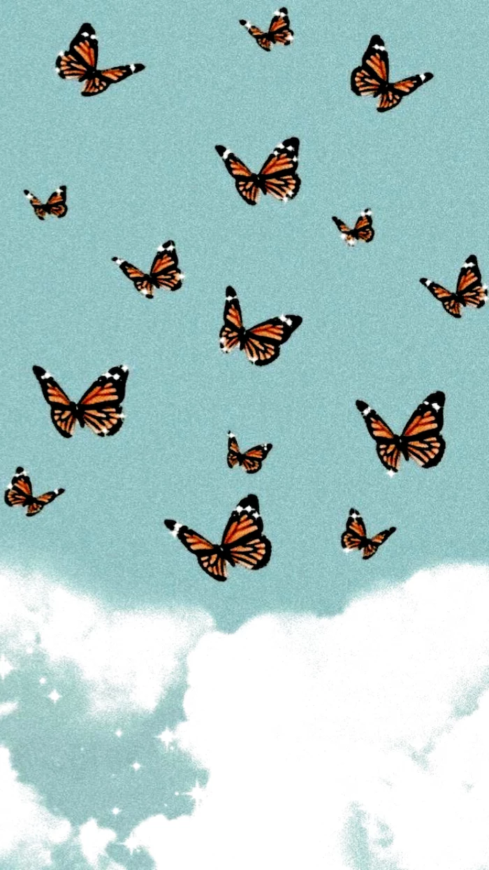 sky in blue with white clouds iphone cute backgrounds orange black brown butterflies flying around