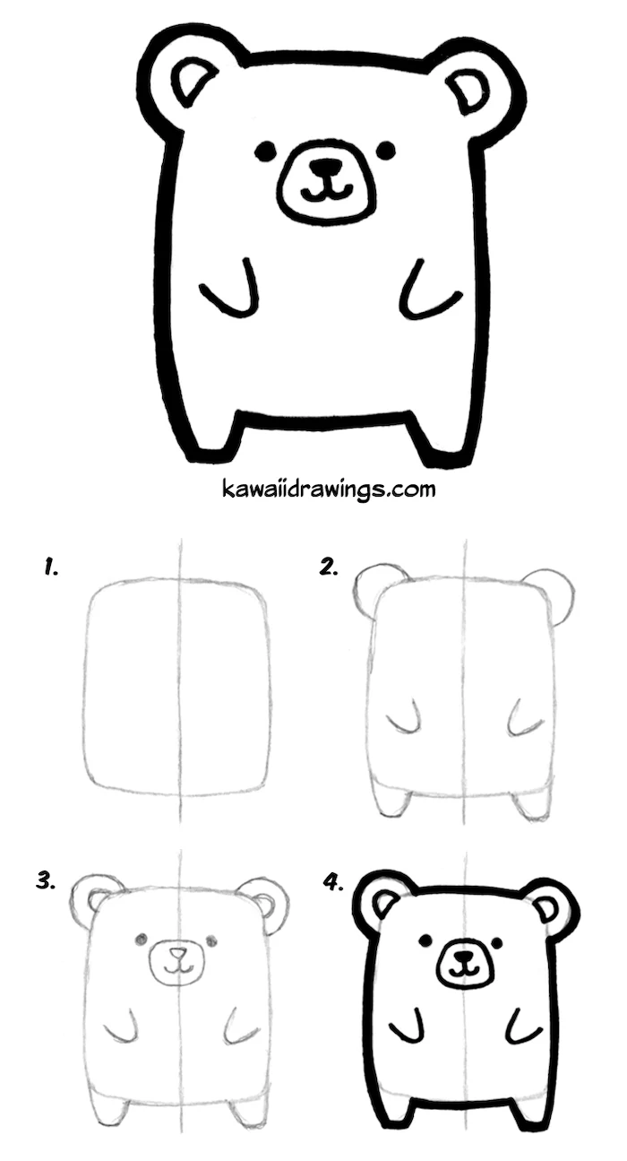 step by step diy tutorial how to draw a cartoon bear in four steps easy animals to draw black pencil sketch on white background