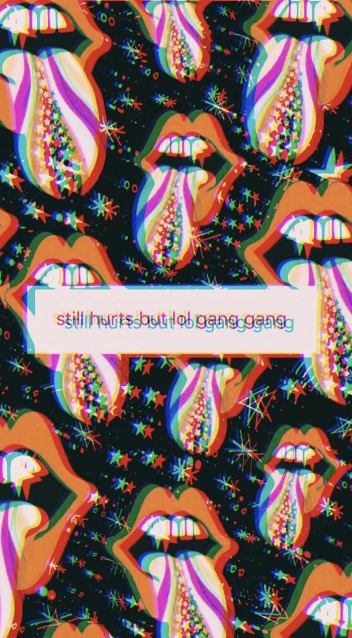 still hurts but lol gang gang written in black in light pink box cute aesthetic wallpapers rolling stone red lips stars in the background