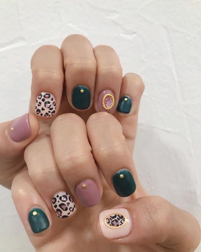 summer nail designs green and pink nail polish summer nail designs leopard print decoration on different fingers gold decorations on each finger