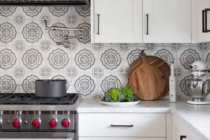 tiles with gray and white pattern for backsplash above stove kitchen backsplash tile white cabinets with white granite countertops