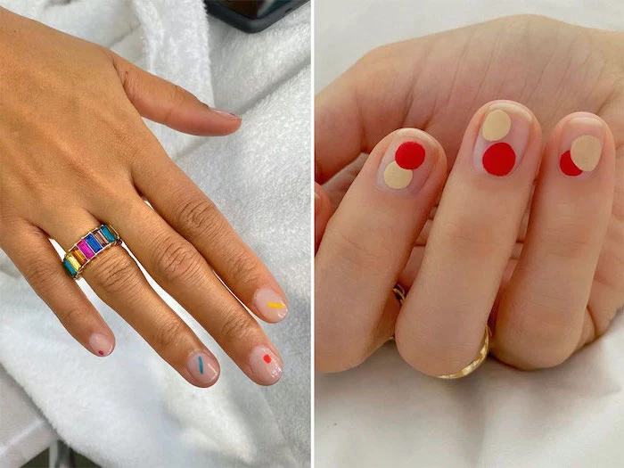 transperant nail polish with different colorful geometrical accents short nail designs side by side photos of short squoval nails