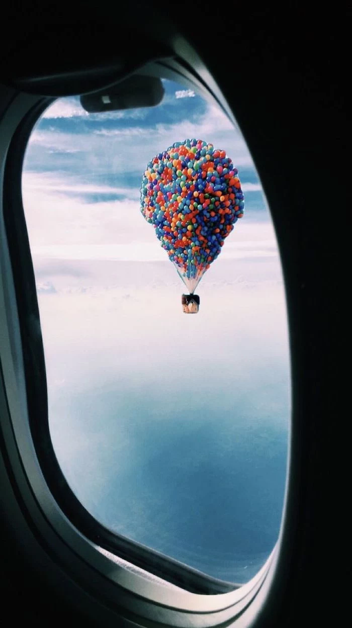 vsco backgrounds the house from up floating above the clouds with lots of balloons photographed from an airplane window