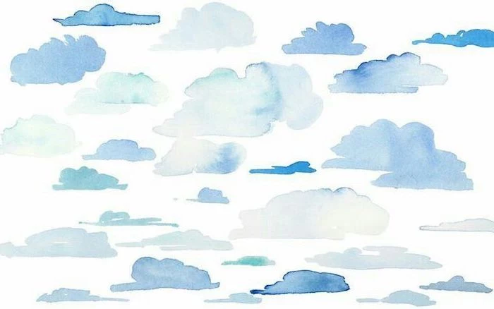 watercolor clouds in different shades of blue drawn on white background cute wallpapers for computer