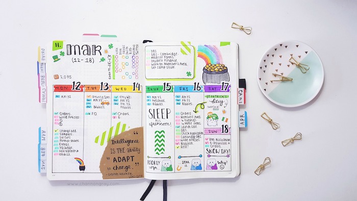 weekly spread for march with different drawings each day in different color bullet journal weekly spread placed on white surface