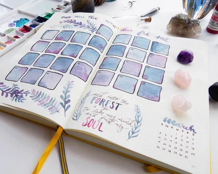 weekly spread made as calendar with blue purple watercolor on white notebook bullet journal page ideas