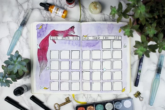 weekly spread painted with purple watercolor for background with watercolor fox drawing bullet journal themes