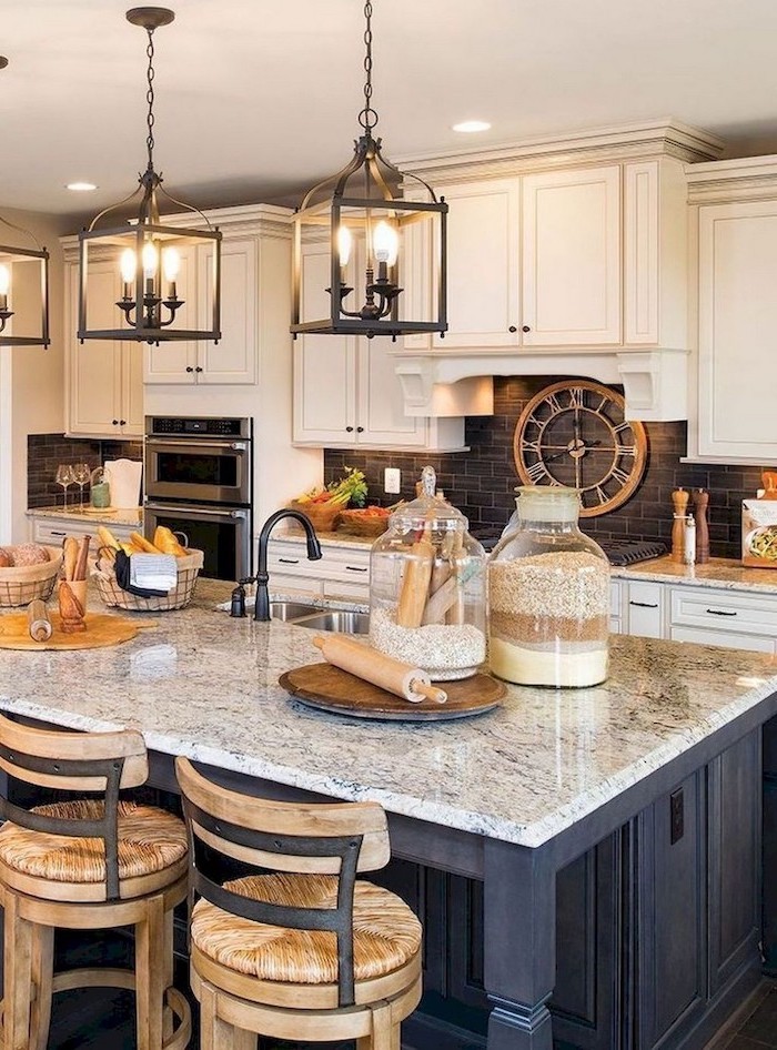 white cabinets granite countertops farmhouse kitchen decor black wooden kitchen island granite countertop black tiles backsplash