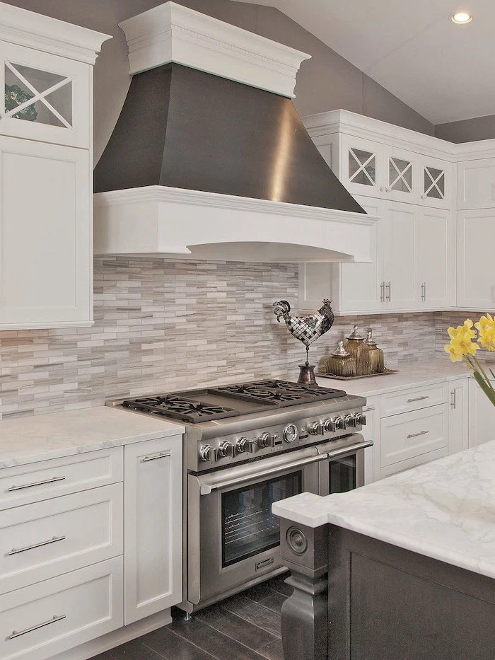 white cabinets wooden kitchen island with marble countertops backsplash tile ideas in gray and white