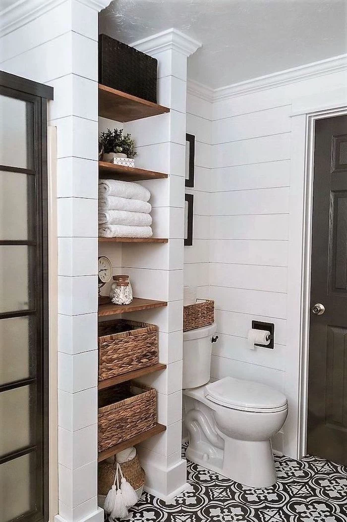 white tiles on the walls bathroom decor ideas black and white patterned tiles on the floor open shelving for towels