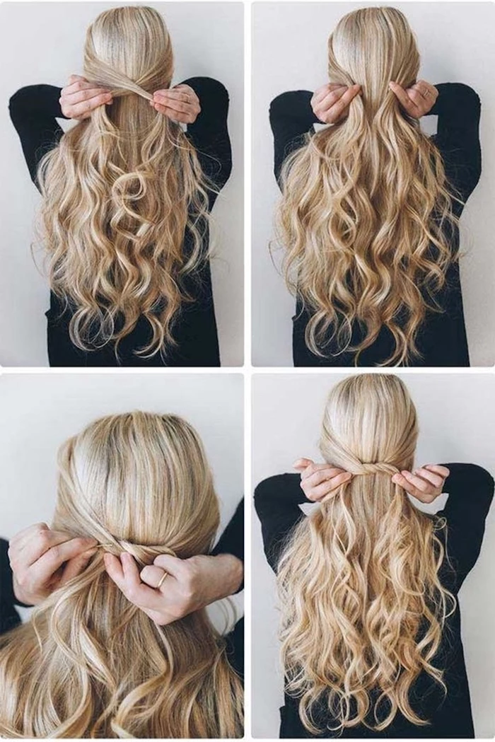 woman with long wavy blonde hair hairstyles for teenage girls photo collage of step by step diy tutorial hair half up