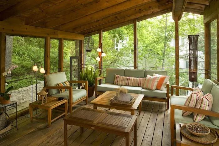 wooden ceiling and floor how to build a screened in porch wooden living room furniture set with green cushions colorful throw pillows