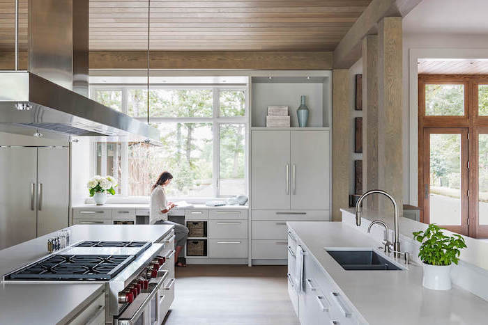 wooden ceiling white cabinets with white countertops farmhouse kitchen decor ideas large kitchen with wooden floor