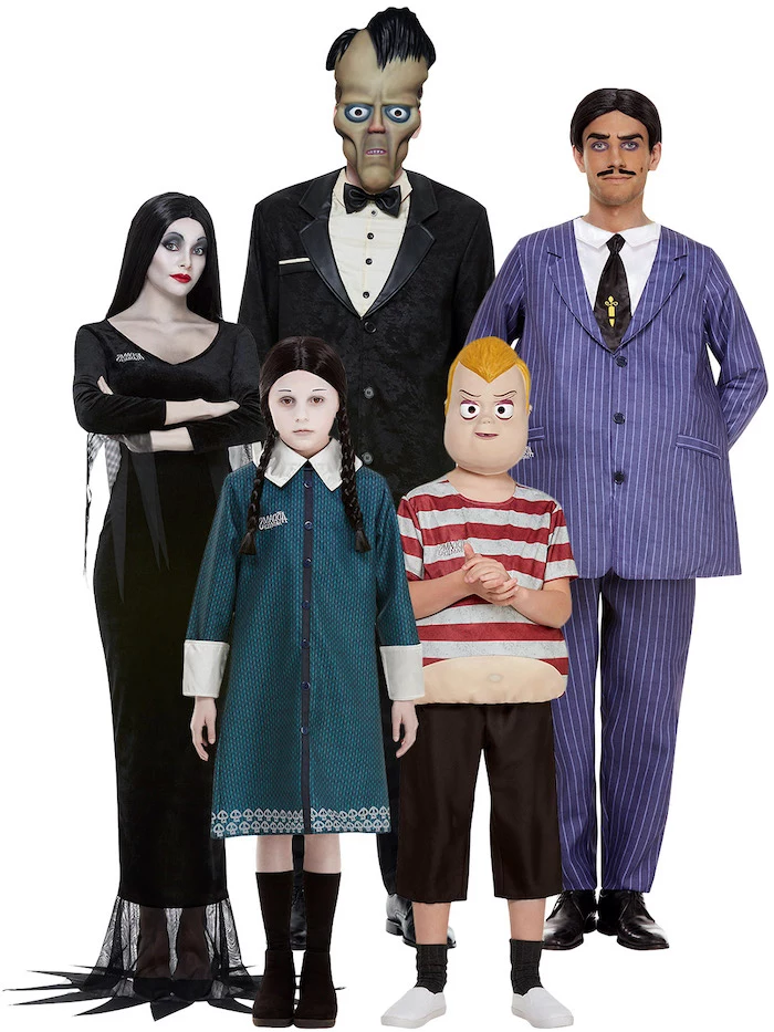 addams family costumes halloween costumes for 3 people photographed on white background