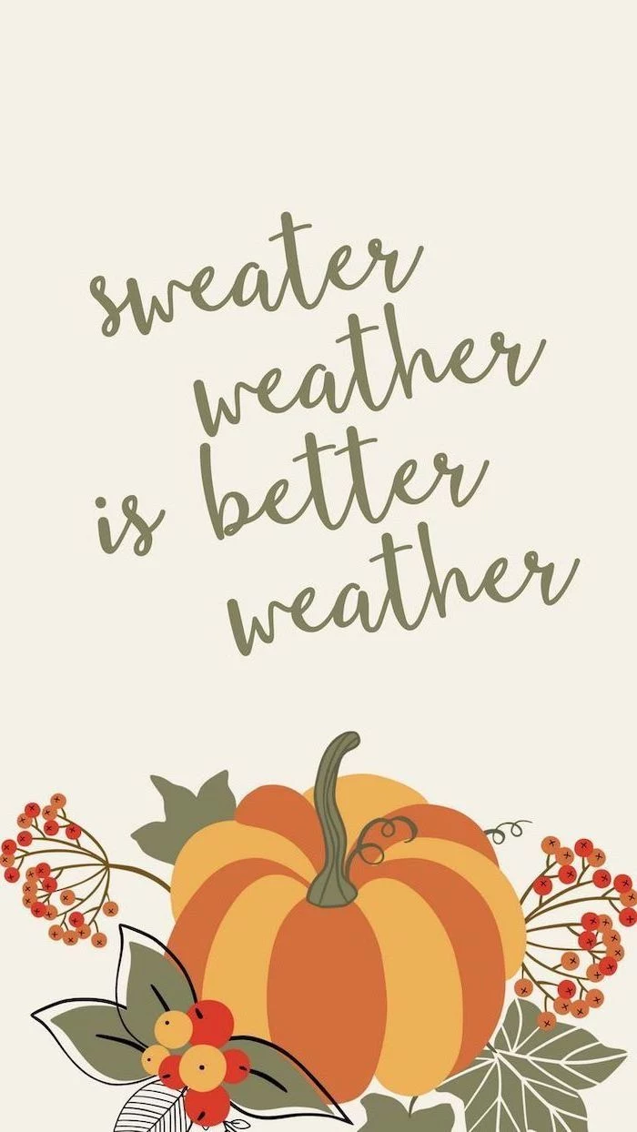 aesthetic fall wallpaper sweater weather is better weather written with green cursive font drawing of pumpkin on the bottom