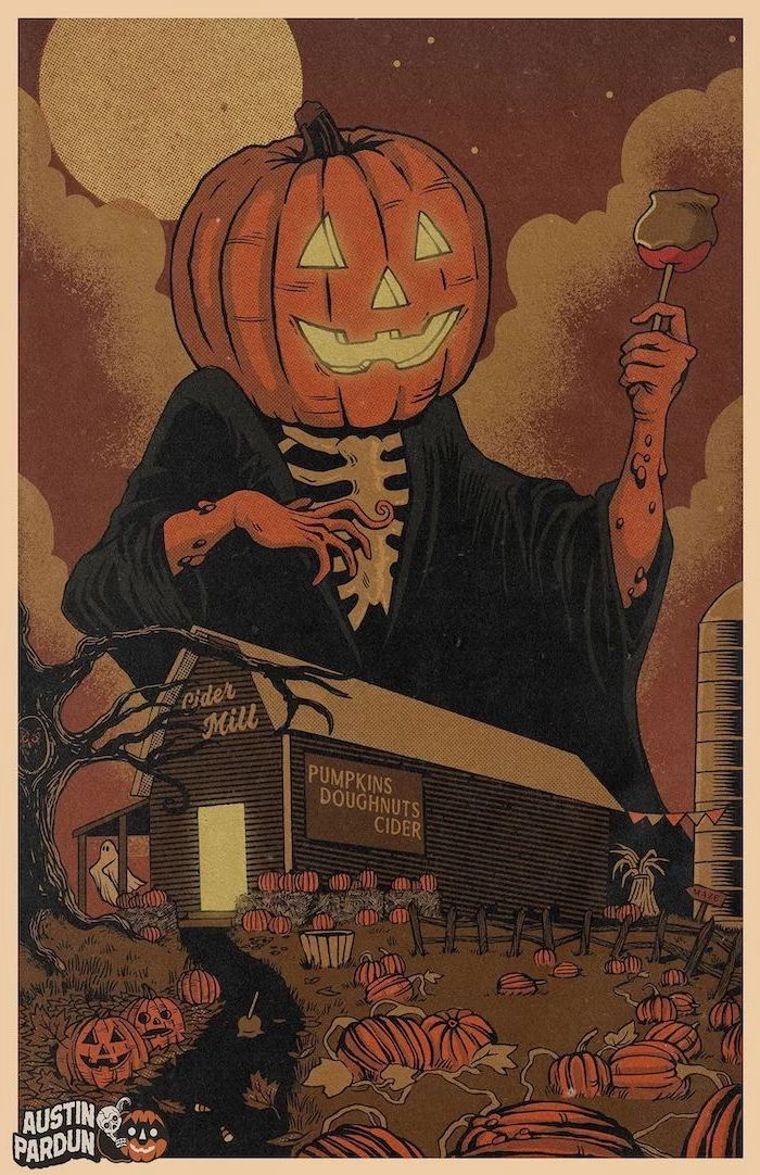 austin pardun artwork scary halloween background spooky image of factory with pumpkin patch skeleton with jack o lantern head