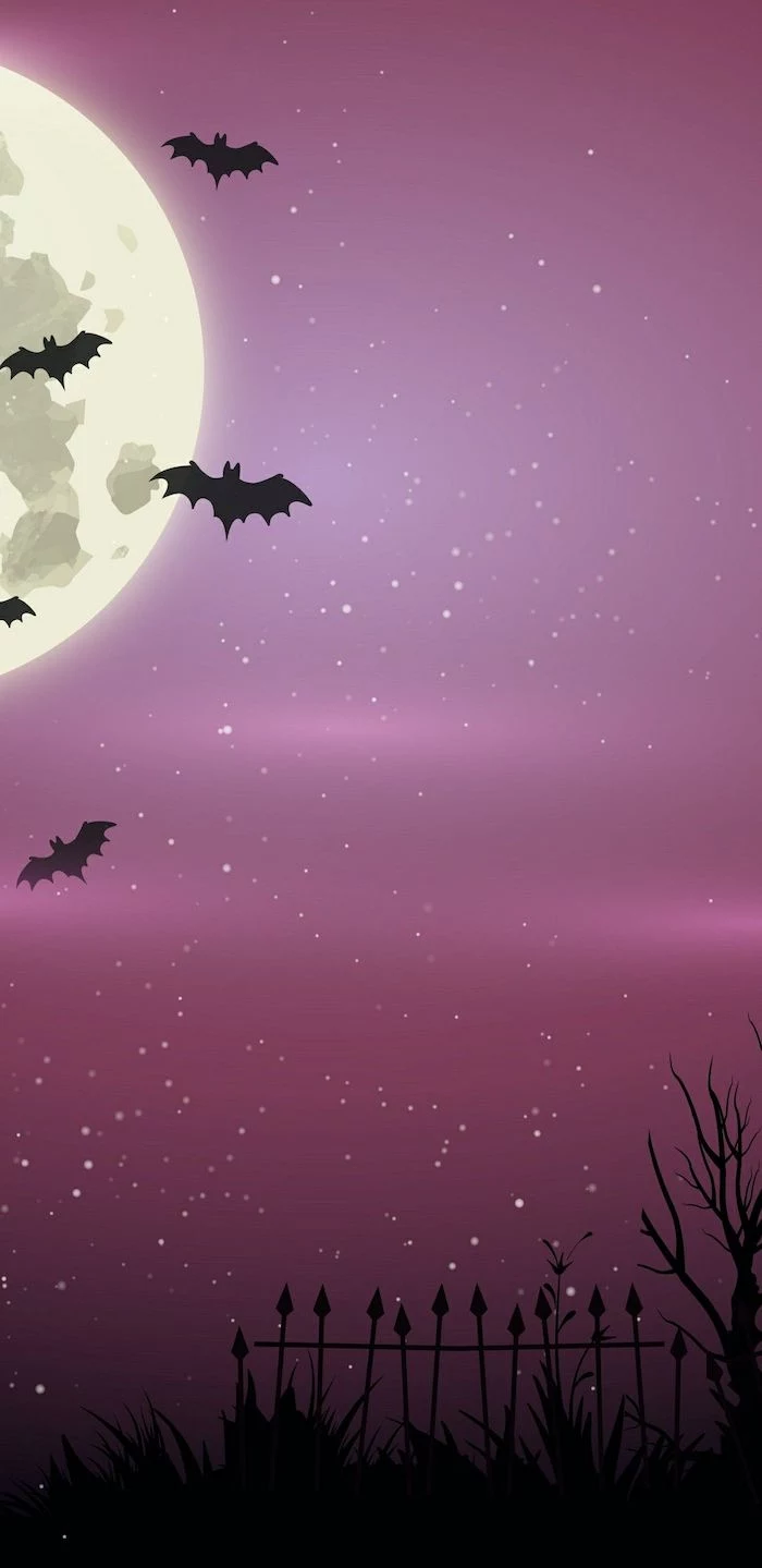 bats in the pink purple sky with full moon and stars halloween phone wallpaper digital drawing