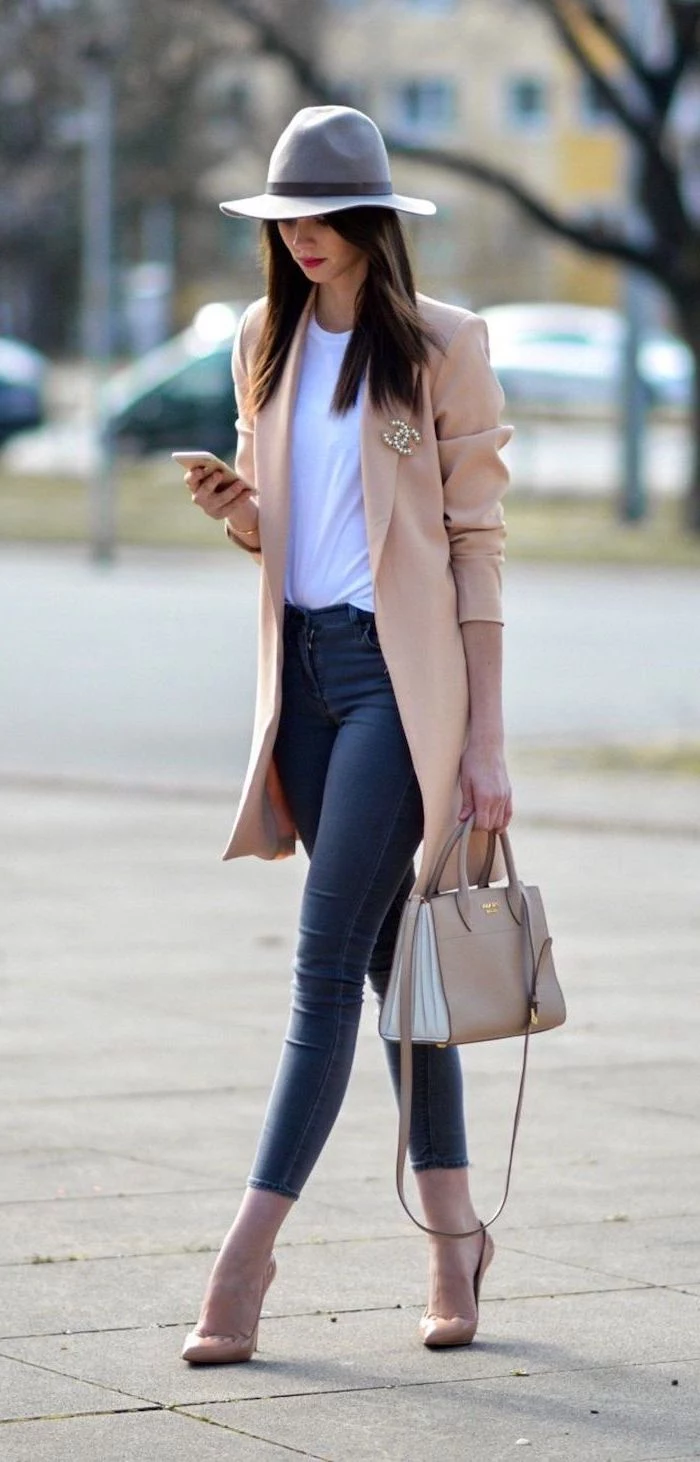 beige blazer white t shirt jeans worn by woman with long black hair fall dresses for women walking down the street
