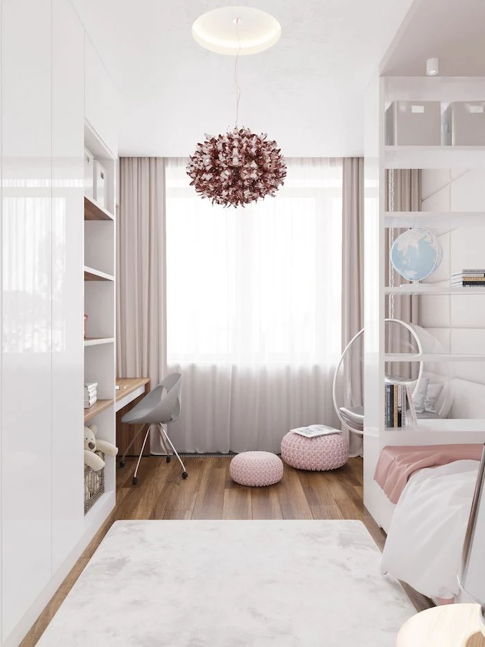 beige curtains white bookshelves swing hanging from the ceiling teen girl room decor wooden floor with white carpet