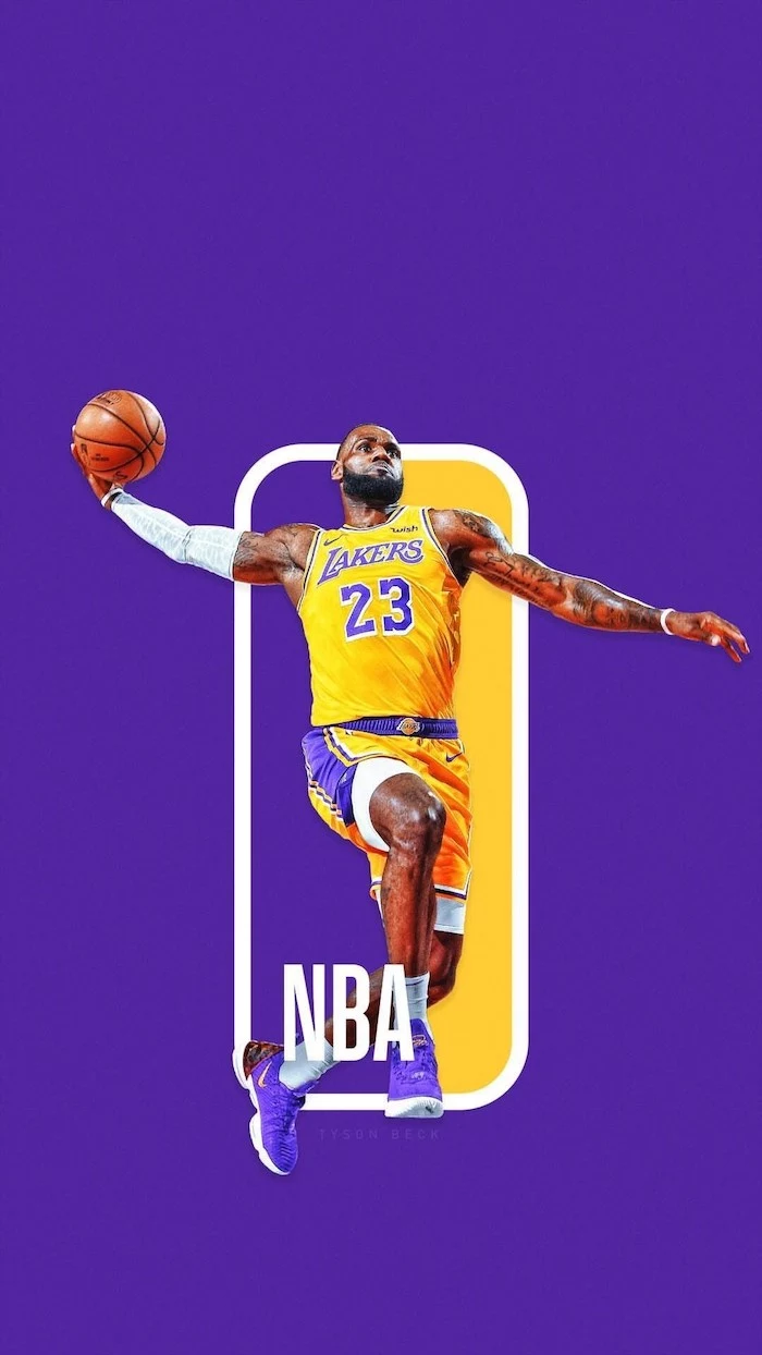 best basketball wallpapers lebron james wearing lakers uniform jumping in the air about to dunk the ball nba logo purple background