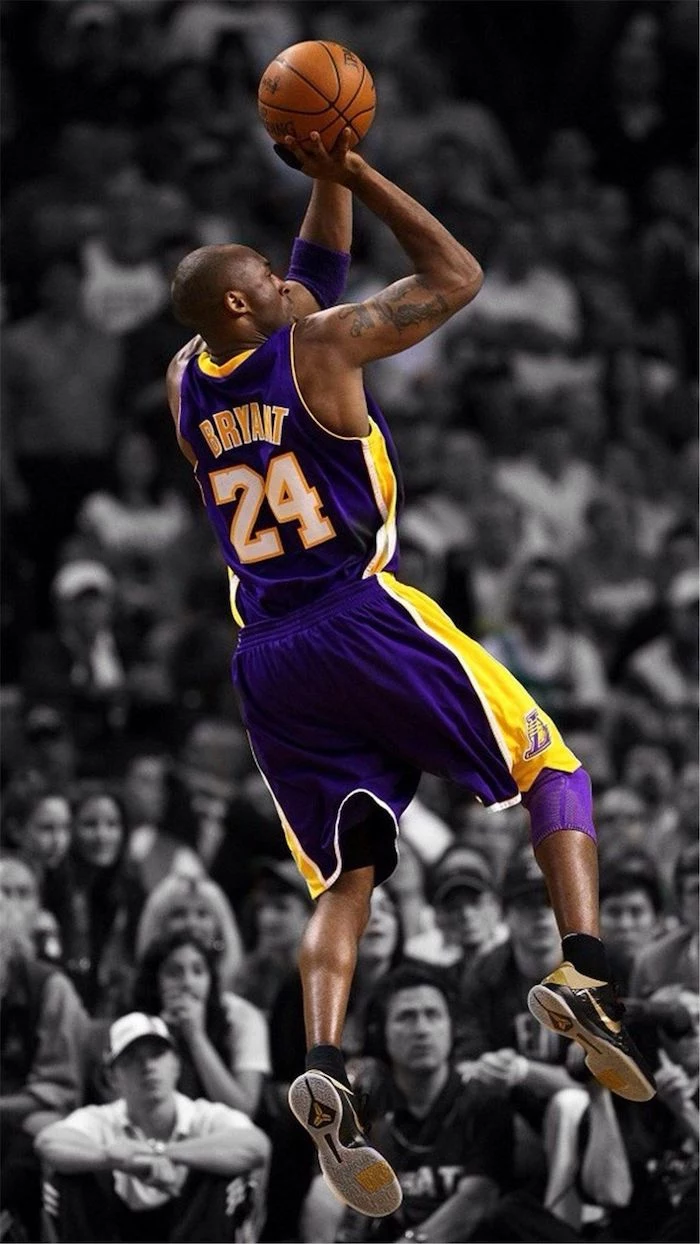 black and white background crowd kobe and gigi wallpaper colored photo of kobe wearing purple lakers uniform in the air shooting the basketball