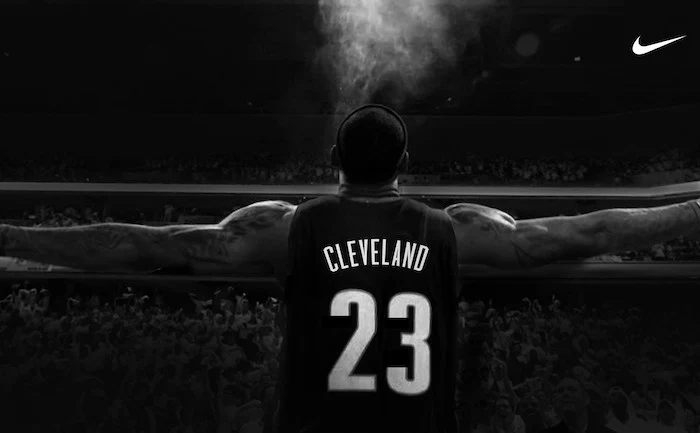 black and white photo from the back lebron james wallpaper wearing cleveland uniform nike logo in the top corner