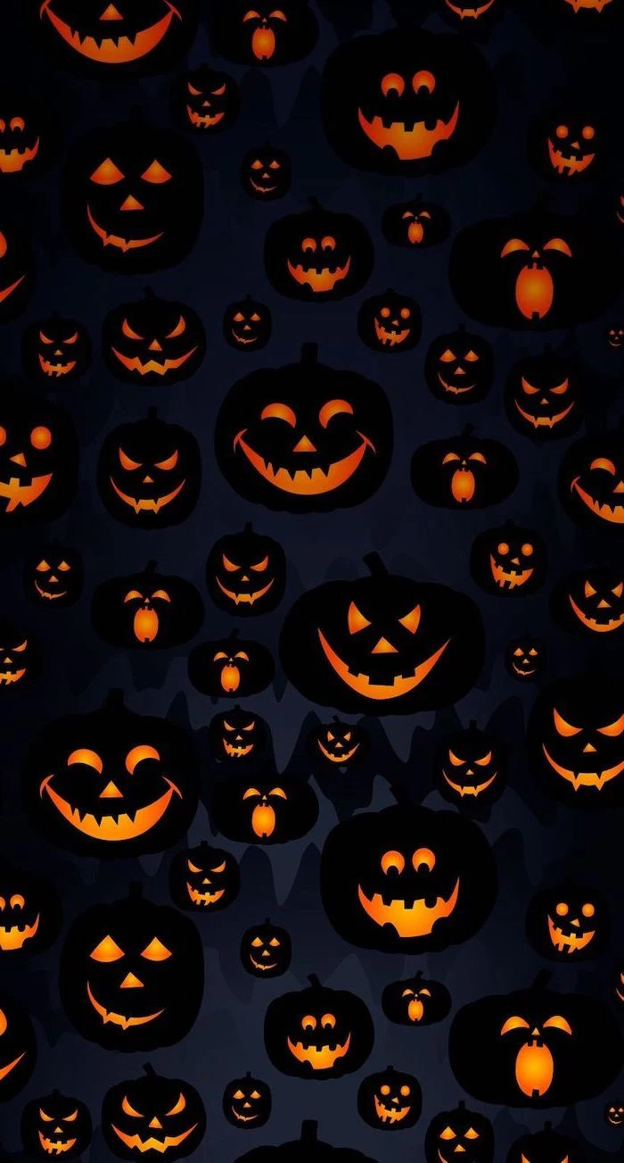 black background halloween desktop backgrounds drawings of lots of jack o lanterns with different expressions